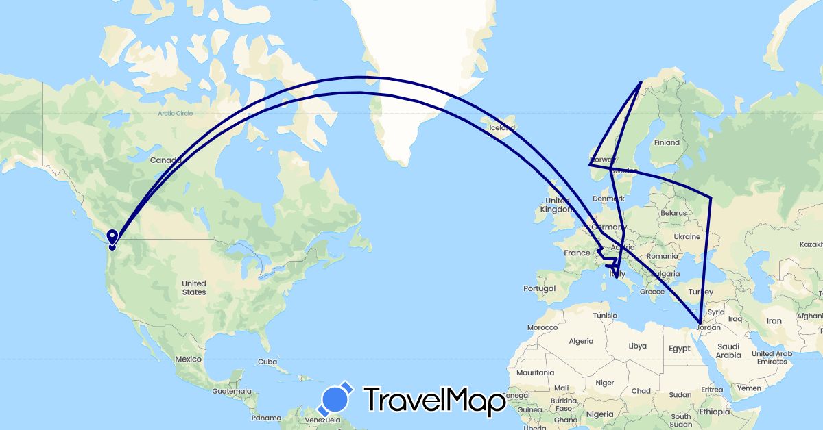 TravelMap itinerary: driving in Switzerland, Czech Republic, Germany, Israel, Iceland, Italy, Norway, Russia, United States (Asia, Europe, North America)